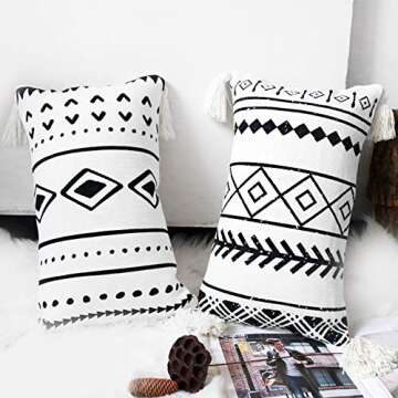 Black Cream Throw Pillow, Boho Lumbar Pillow with Tassels, Rectangle Pillow for Bed Bedroom Living Room Sofa Couch 12"x20" Without Filler