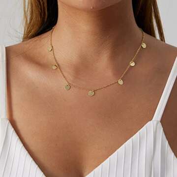 MIDEEO 14k Gold Tiny Gold Disc Necklace 7 Coins Necklace Coin Drop Chokers Charm Coin Layering Necklace Delicate Gold Circle Necklace