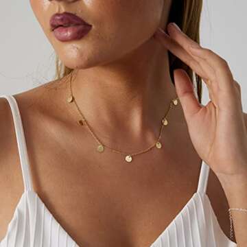 MIDEEO 14k Gold Tiny Gold Disc Necklace 7 Coins Necklace Coin Drop Chokers Charm Coin Layering Necklace Delicate Gold Circle Necklace