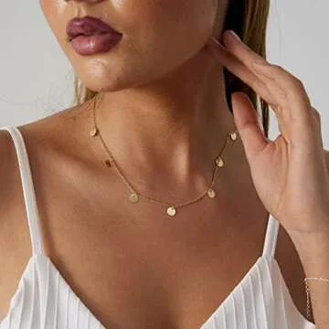 MIDEEO 14k Gold Tiny Gold Disc Necklace 7 Coins Necklace Coin Drop Chokers Charm Coin Layering Necklace Delicate Gold Circle Necklace