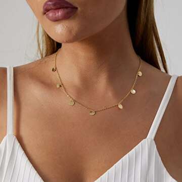 MIDEEO 14k Gold Tiny Gold Disc Necklace 7 Coins Necklace Coin Drop Chokers Charm Coin Layering Necklace Delicate Gold Circle Necklace