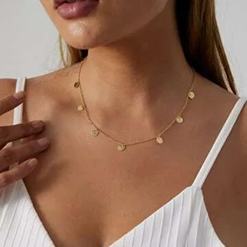 MIDEEO 14k Gold Tiny Gold Disc Necklace 7 Coins Necklace Coin Drop Chokers Charm Coin Layering Necklace Delicate Gold Circle Necklace