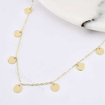 MIDEEO 14k Gold Tiny Gold Disc Necklace 7 Coins Necklace Coin Drop Chokers Charm Coin Layering Necklace Delicate Gold Circle Necklace