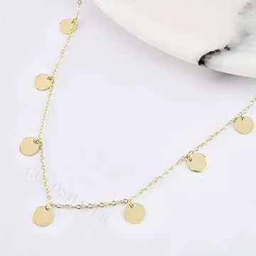 MIDEEO 14k Gold Tiny Gold Disc Necklace 7 Coins Necklace Coin Drop Chokers Charm Coin Layering Necklace Delicate Gold Circle Necklace