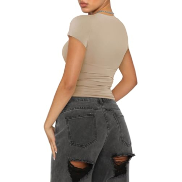 REORIA Women's Trendy Mock Neck Summer Top in Khaki