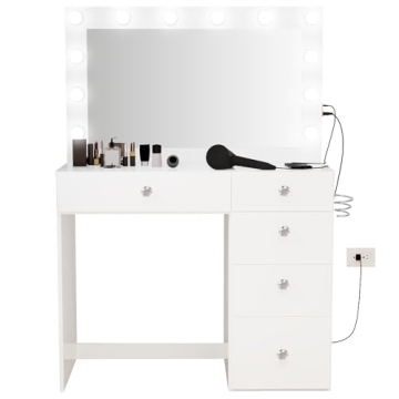 Premium White Makeup Vanity Desk with Built-in Lights & USB Ports