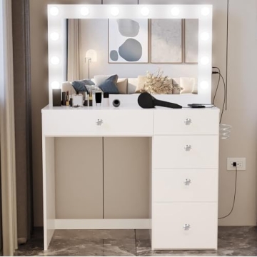 Premium White Makeup Vanity Desk with Built-in Lights & USB Ports
