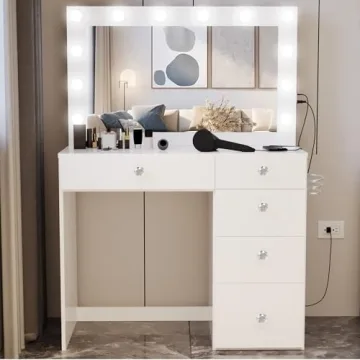 Premium White Makeup Vanity Desk with Built-in Lights & USB Ports