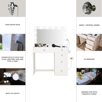 Premium White Makeup Vanity Desk with Built-in Lights & USB Ports