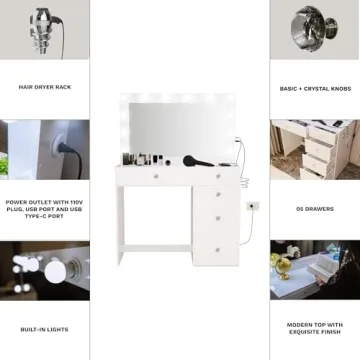 Premium White Makeup Vanity Desk with Built-in Lights & USB Ports