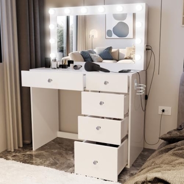 Premium White Makeup Vanity Desk with Built-in Lights & USB Ports