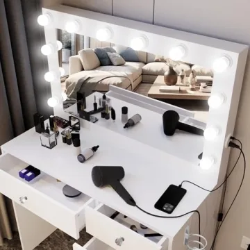 Premium White Makeup Vanity Desk with Built-in Lights & USB Ports