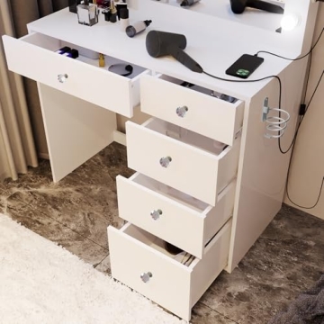Premium White Makeup Vanity Desk with Built-in Lights & USB Ports