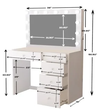 Premium White Makeup Vanity Desk with Built-in Lights & USB Ports