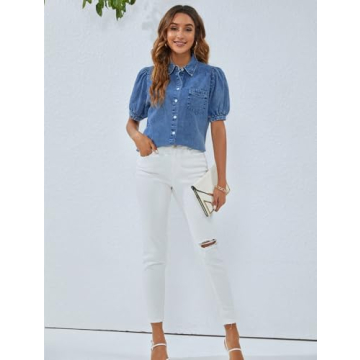 BMJL Women's Denim Shirt Puff Sleeve Summer Work Top