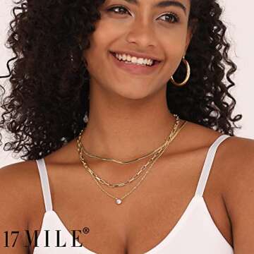 17 MILE Gold Layered Choker Necklace for Women, 14K Real Gold Plated CZ Pendant Necklace, Dainty Flat Snake Chain Layering Necklace