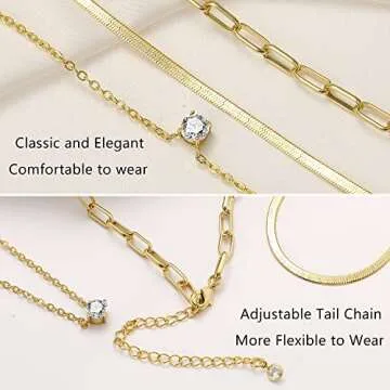 17 MILE Gold Layered Choker Necklace for Women, 14K Real Gold Plated CZ Pendant Necklace, Dainty Flat Snake Chain Layering Necklace