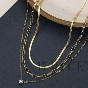 17 MILE Gold Layered Choker Necklace for Women, 14K Real Gold Plated CZ Pendant Necklace, Dainty Flat Snake Chain Layering Necklace
