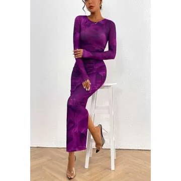 PRETTYGARDEN Women's Bodycon Maxi Dress Fall Spring Fashion Long Sleeve Floral Print Tight Fitted Party Club Ruched Dresses (Print Purple,Small)