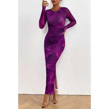 PRETTYGARDEN Women's Bodycon Maxi Dress Fall Spring Fashion Long Sleeve Floral Print Tight Fitted Party Club Ruched Dresses (Print Purple,Small)