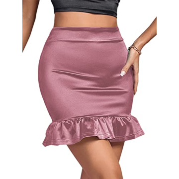 LYANER Women's Satin Ruffle Hem High Waist Fishtail Bodycon Mini Short Skirt Pink Large