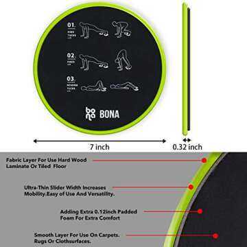 BONA Fitness Core Exercise Sliders,Dual Sided Sliders for Working Out(Set of 2) with Jump Rope,Workout Sliders,Strength Sliders,Gliding Discs for Abdominal Workouts,Physical Therapy,Crossfit(Green)