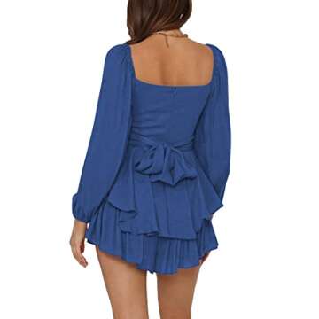 LYANER Women's Jumpsuit Lantern Long Sleeve Ruffle Layer Tie Mini Short Romper Solid Blue Large