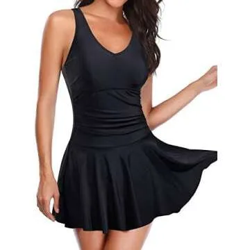 Yonique One Piece Swimsuits for Women Modest Tummy Control Swimdress Vintage Bathing Suits Skirt Swimwear Pure Black M