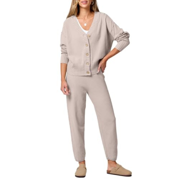 ANRABESS Women 2 Piece Outfits Waffle Knit Long Sleeve Cardigan Set Casual Sweater Pants Lounge Sets...