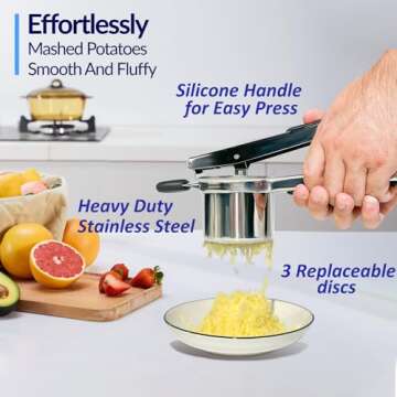 Potato Ricer, Ricer for Mashed Potatoes, 3 Interchangeable Discs Potato Ricer Stainless Steel for Fl...