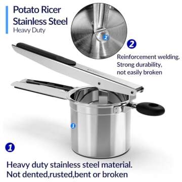 Potato Ricer, Ricer for Mashed Potatoes, 3 Interchangeable Discs Potato Ricer Stainless Steel for Fluffy Mashed Potatoes, Heavy Duty Spaetzle Maker with Silicone Handle, for Gnocchi Spaghetti
