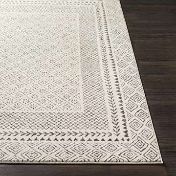 BoutiqueRugs Burdette Farmhouse Black and White Soft Neutral Area Rug - Boho Oriental Medallion Carpet for Bedroom, Living Room - Charcoal, Black, Cream - 5'3" x 7'3" (5x7)