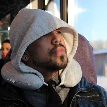 HoodiePillow Inflatable Neck Pillow for Airplane Travel, Car, Train or Relaxing at Home. Compact, Co...