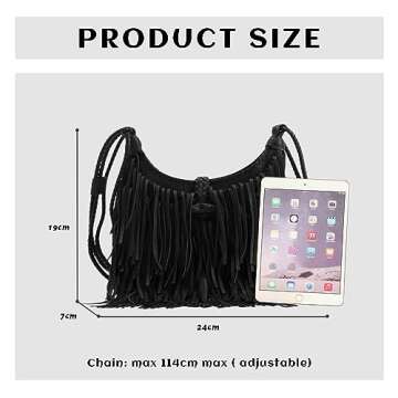 Emprier Vintage Fringe hobo bags for Women Vegan Faux Suede Leather Tassel Crossbody Bag Fringe Purse Black