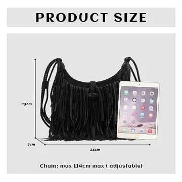 Emprier Vintage Fringe hobo bags for Women Vegan Faux Suede Leather Tassel Crossbody Bag Fringe Purse Black