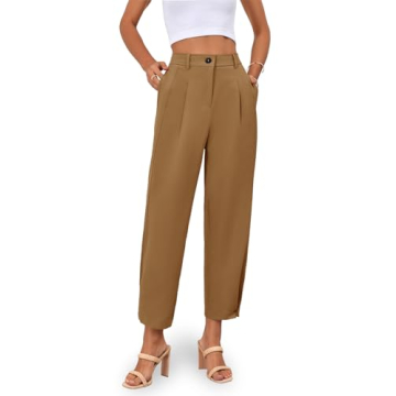 Cicy Bell Womens Casual Dress Pants High Waisted Button Work Office Pleated Trousers with Pockets Brown