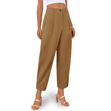 Cicy Bell Womens Casual Dress Pants High Waisted Button Work Office Pleated Trousers with Pockets Brown