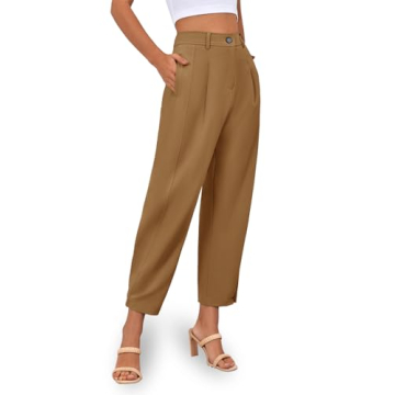 Cicy Bell Womens Casual Dress Pants High Waisted Button Work Office Pleated Trousers with Pockets Brown
