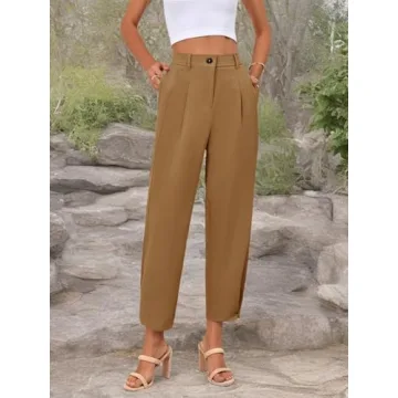 Cicy Bell Womens Casual Dress Pants High Waisted Button Work Office Pleated Trousers with Pockets Brown