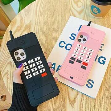 YAKVOOK Kawaii Phone Case for iPhone 14 Pro Max,Cute Cartoon Retro Phone Case with Keychain Retro Classic Cellular Phone 3D iPhone 14 Pro Max Case Black Soft Silicone Shockproof Cover for Women Girls