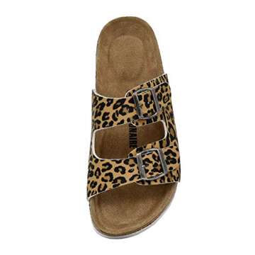 CUSHIONAIRE Lane Cork Footbed Sandals for Women – Comfortable Double Buckle Slip-On with Genuine Suede Footbed & Arch Support Slides for Women Footwear, LEOPARD 8