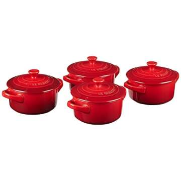 Le Creuset Stoneware Set of 4 Mini Cocottes with Cookbook, 8 oz. each, Cerise