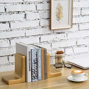 MyGift Modern Gold Concrete Office Bookshelf Decor Bookends for Heavy Book and Textbooks, Desktop Book Holder, 1 Pair