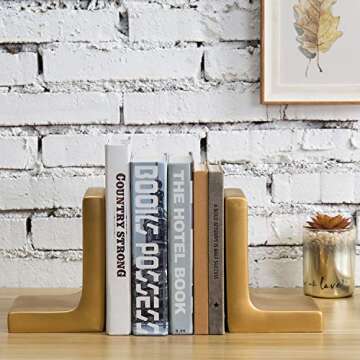 MyGift Modern Gold Concrete Office Bookshelf Decor Bookends for Heavy Book and Textbooks, Desktop Book Holder, 1 Pair
