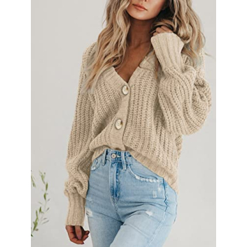 PRETTYGARDEN Women's Short Cardigan Sweaters V Neck Button-Down Long Sleeve Oversized Chunky Knit Cardigans (Apricot,Medium)