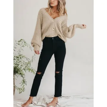 PRETTYGARDEN Women's Short Cardigan Sweaters V Neck Button-Down Long Sleeve Oversized Chunky Knit Cardigans (Apricot,Medium)