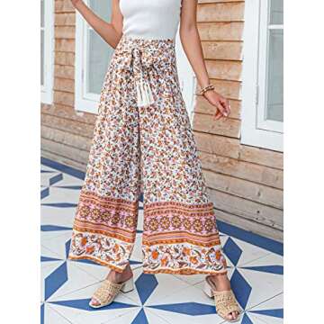 Miessial Women's Summer Tie Front Wide Leg Pants Elastic Waist Casual Pants Beach Palazzo Pants with Fringe Lace up Pink