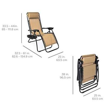 Best Choice Products Set of 2 Adjustable Steel Mesh Zero Gravity Lounge Chair Recliners w/Pillows and Cup Holder Trays - Beige
