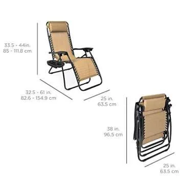 Best Choice Products Set of 2 Adjustable Steel Mesh Zero Gravity Lounge Chair Recliners w/Pillows and Cup Holder Trays - Beige