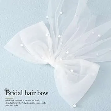 JEAIRTS Bridal Hair Bow Veil Pearl Wedding Hair Piece White Tulle Bow with Clip Bachelorette Party Hair Accessories for Women (Style 1)